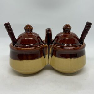 Vintage Stoneware Brown & Tan Double Condiment Jar Caddy with 2 Lids and Spoons